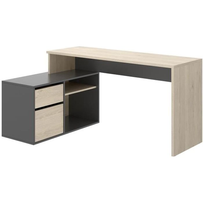 Bureau d'angle reversible 1 tiroir + 1 porte - Décor chene et gris - L 139 x P 92  x H 75 cm - ROX