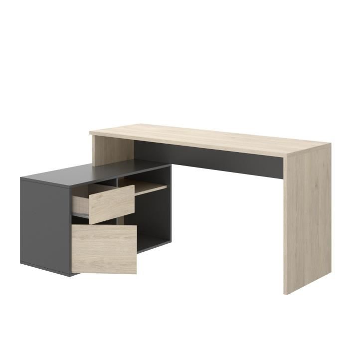 Bureau d'angle reversible 1 tiroir + 1 porte - Décor chene et gris - L 139 x P 92  x H 75 cm - ROX