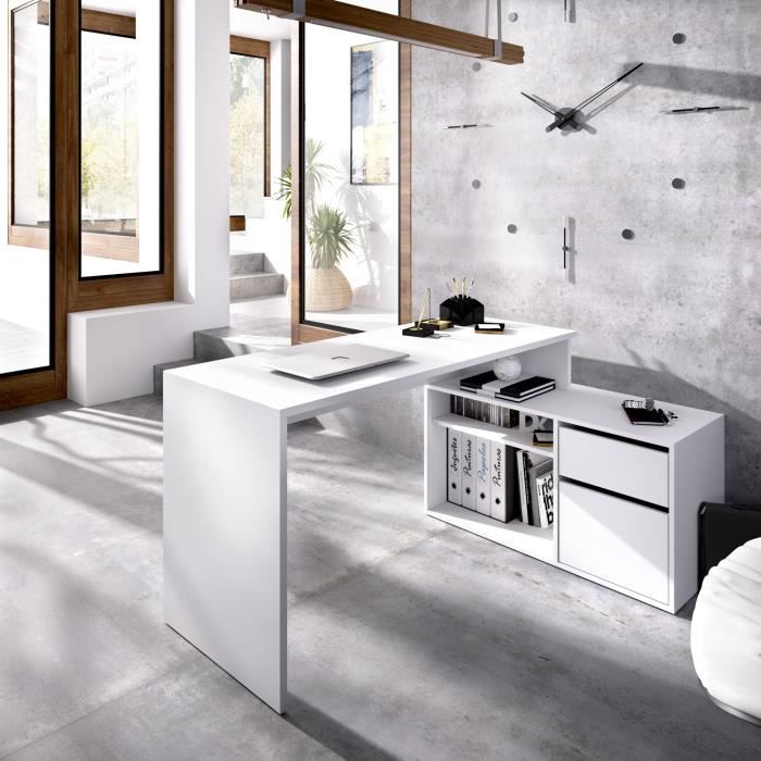 Bureau d'angle reversible 1 tiroir + 1 porte - Blanc - L 139 x P 92  x H 75 cm - ROX