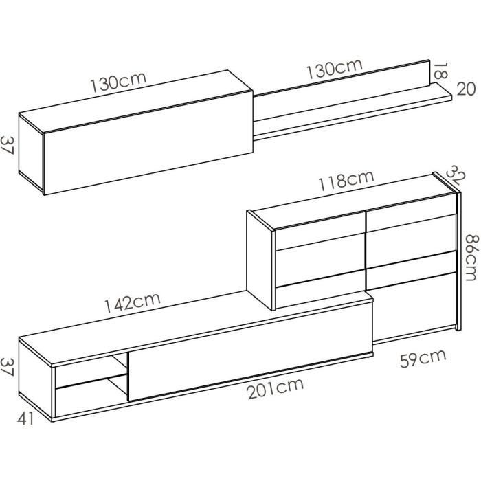 Ensemble meuble séjour living avec vitrine LED - Décor chene et blanc - L 260 x P 41 x H 180 cm - UMA