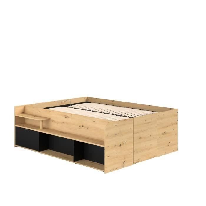 ODYSSEE Lit adulte - 140x200 cm - Avec coffre relevable - Décor chene et noir - L 166,2 x 66,5 x 205,8 cm