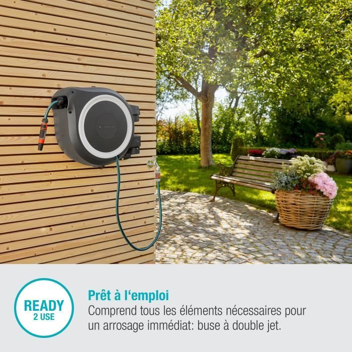 GARDENA Dévidoir automatique mural RollUp M/L liseret blanc  Longueur 25m  Ø13mm  Kit complet  Garantie 5 ans (18622-20)