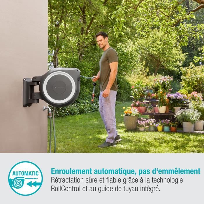 Dévidoir automatique mural RollUp XL GARDENA - 35m - Ø13mm - Liseret blanc