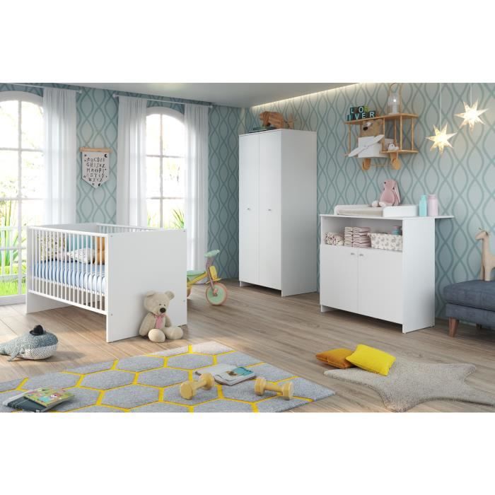 Chambre bébé Trio : Lit 70 x 140 cm + Commode a langer + Armoire NIKO - Blanc - TREND TEAM