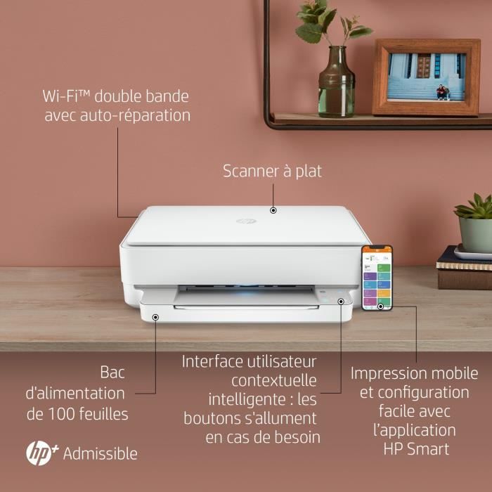 Imprimante tout-en-un HP Envy 6022e Jet d'encre couleur - Copie Scan - Idéal pour la famille - 3 mois d'Instant ink inclus avec HP+