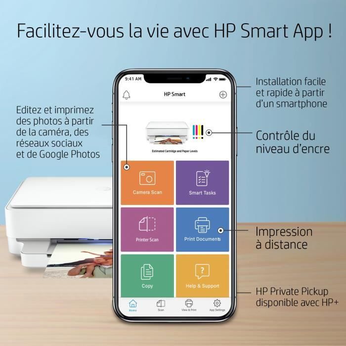 Imprimante tout-en-un HP Envy 6022e Jet d'encre couleur - Copie Scan - Idéal pour la famille - 3 mois d'Instant ink inclus avec HP+