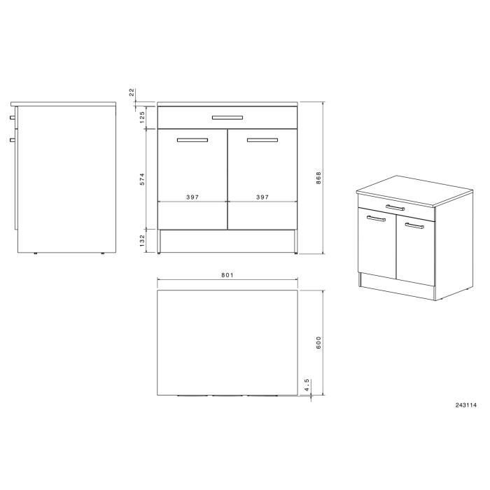 OSLO Meuble Bas 2 portes + 2 tiroirs + plan - Blanc - L 80 x P 60 x H 86 cm