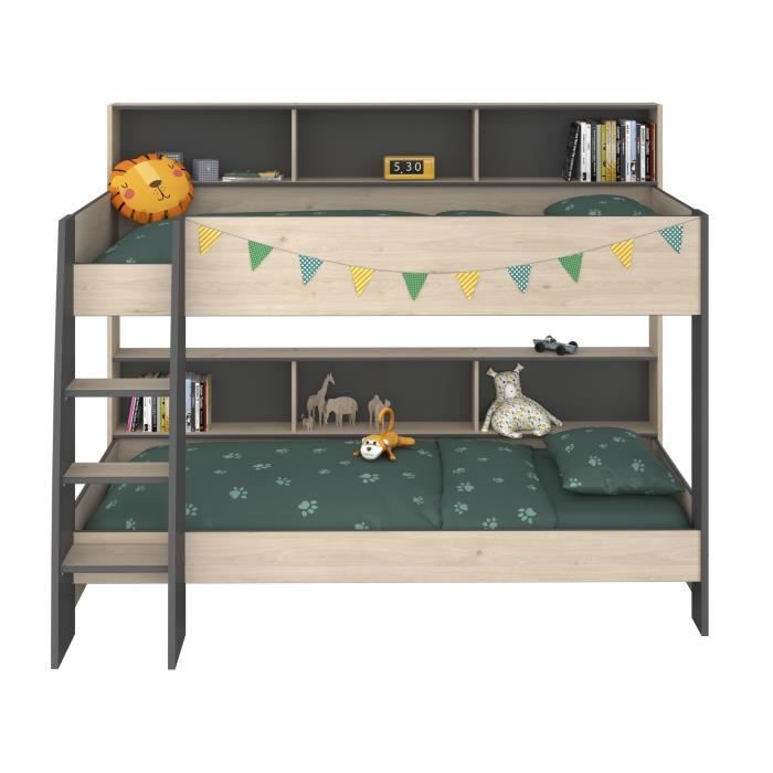 PARISOT Lits superposés enfant - Décor Chene Jackson et Gris Ombre - Sommiers inclus - 2 x 90 x 200 cm - JIM