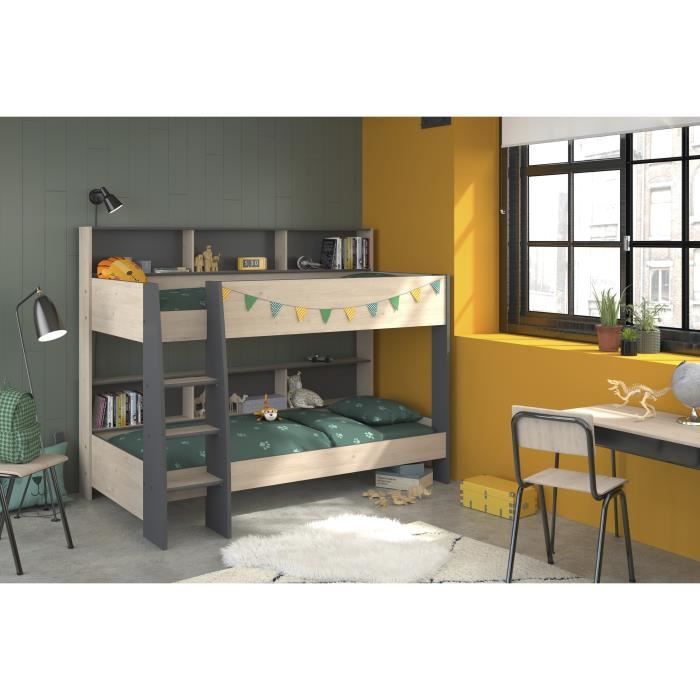 PARISOT Lits superposés enfant - Décor Chene Jackson et Gris Ombre - Sommiers inclus - 2 x 90 x 200 cm - JIM