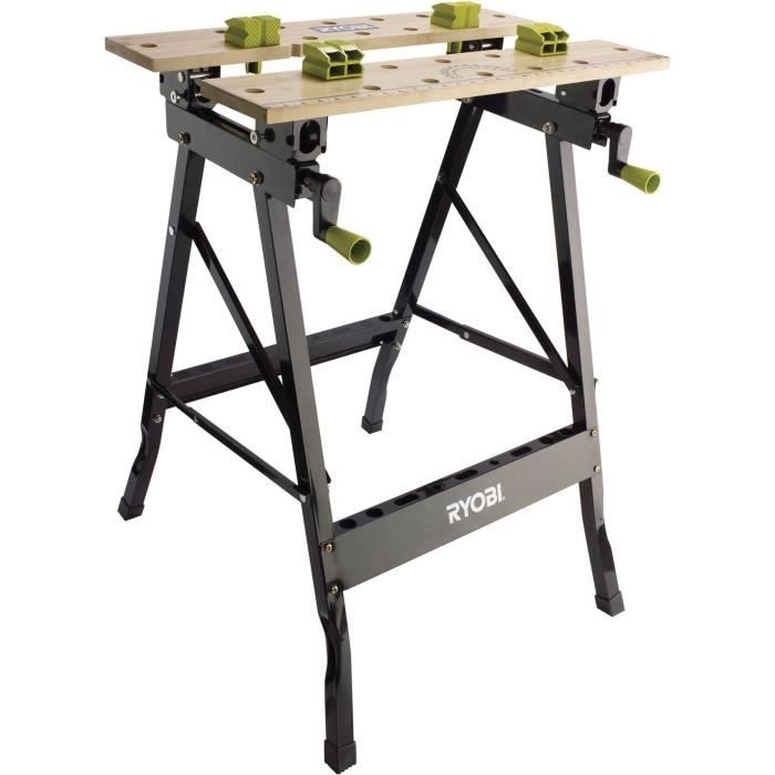 RYOBI - Etabli pliable orientable a 90° - table bambou 605 x 625 x 790 mm - 6,5 kg - Livré avec 4 mors et 1 clé de service - RWB02