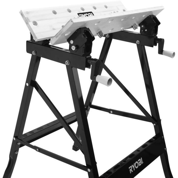 RYOBI - Etabli pliable orientable a 90° - table bambou 605 x 625 x 790 mm - 6,5 kg - Livré avec 4 mors et 1 clé de service - RWB02