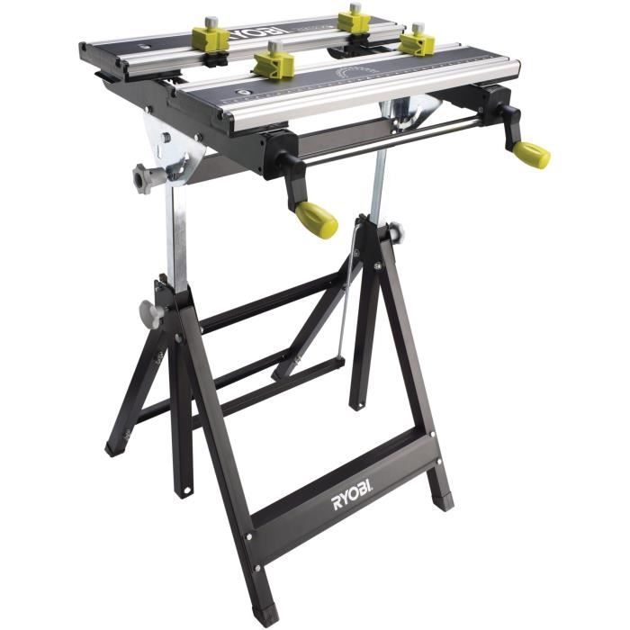 RYOBI - Etabli aluminium pliable orientable avec réglage hauteur - table 600 x 570 x 760 - Avec 4 mors & clé de service - RWB03