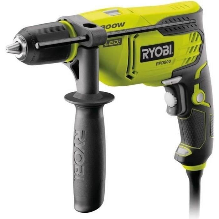 RYOBI - Perceuse a percussion 800 W - 3 000 cp/min - mandrin 13mm - blocage d'arbre - LED + coffret & butée de profondeur - RPD800-K