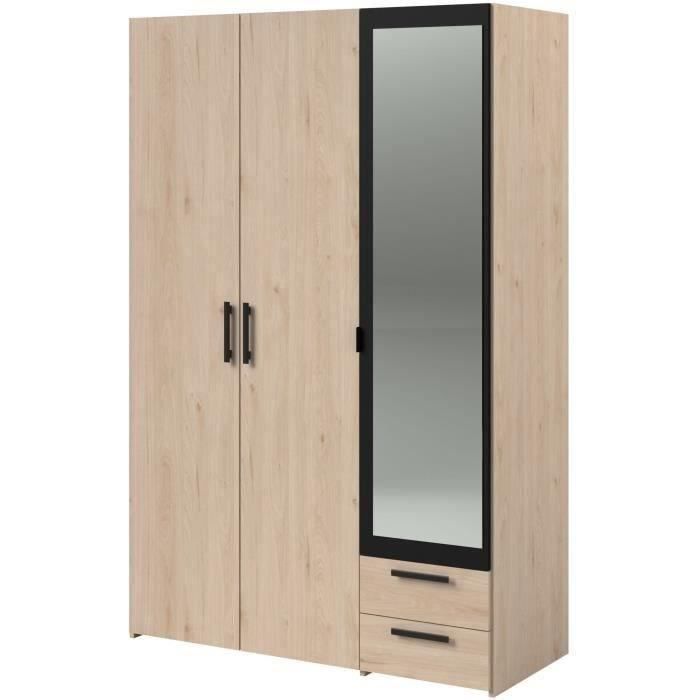 Armoire - Panneau de particules - Décor chene et noir - 3 portes droites - Essentiel - Chambre - 120.3x185x51.7 cm