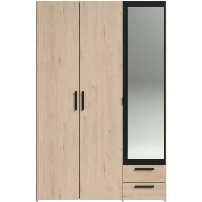 Armoire - Panneau de particules - Décor chene et noir - 3 portes droites - Essentiel - Chambre - 120.3x185x51.7 cm