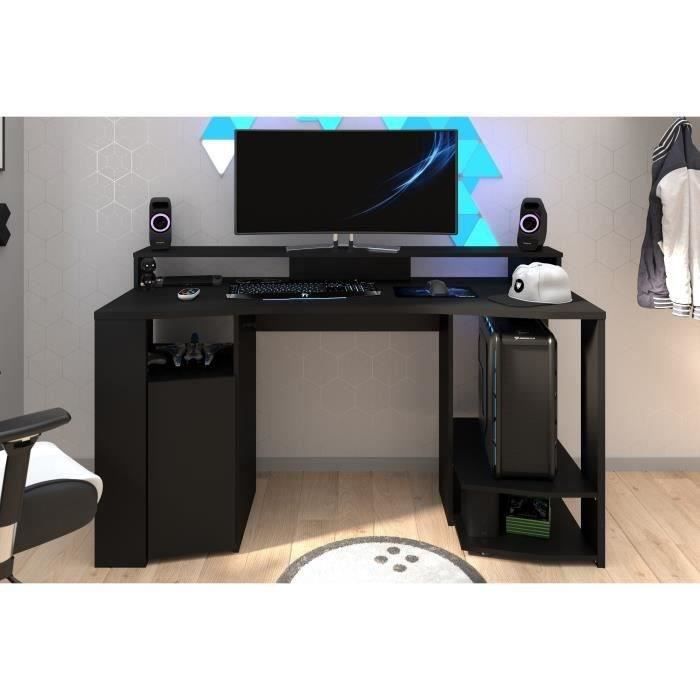 Bureau gaming LED droit - Noir - L 152 x P 61,5 x H 86,7 cm - Grande zone de jeu - GAMING