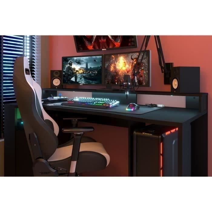 Bureau gaming LED droit - Noir - L 152 x P 61,5 x H 86,7 cm - Grande zone de jeu - GAMING