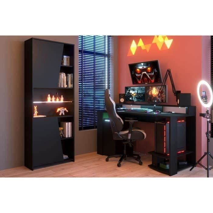 Bureau gaming LED droit - Noir - L 152 x P 61,5 x H 86,7 cm - Grande zone de jeu - GAMING