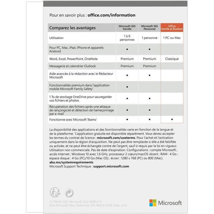 Logiciel Microsoft Office Famille et Etudiant 2021 - 1 PC ou Mac