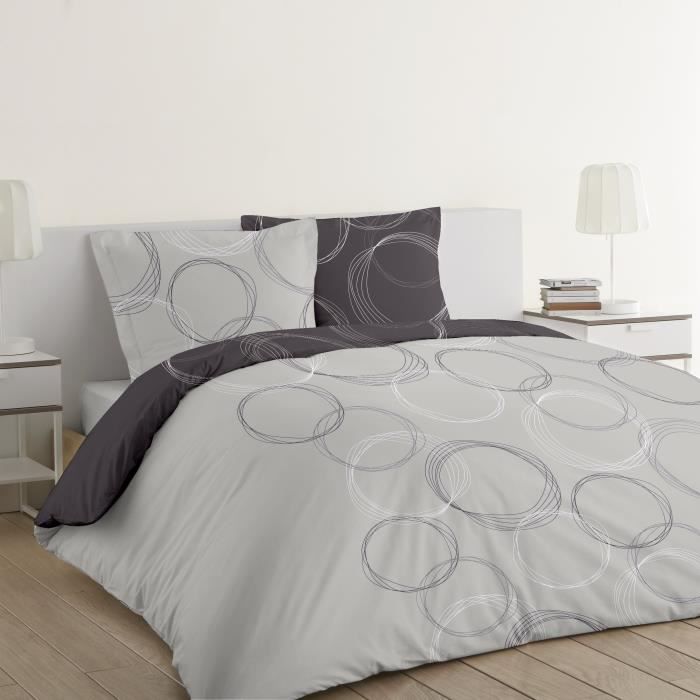 VISION Parure de couette Lenny - 100% coton - 1 housse de couette 140 x 200 cm + 1 taie 65 x 65 cm - Gris anthracite