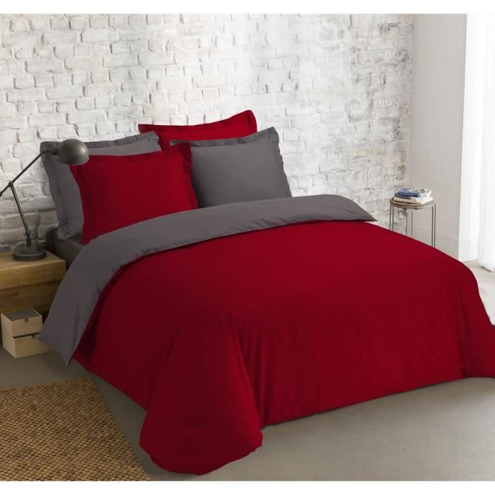 VISION - Bicolore - Housse de couette Réversible 240x220cm avec 2 taies 65x65cm - Anthracite/rouge - 100% coton