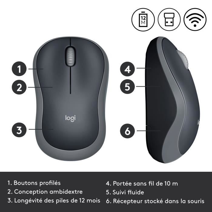 Souris Logitech M185 - souris sans fil compacte ambidextre