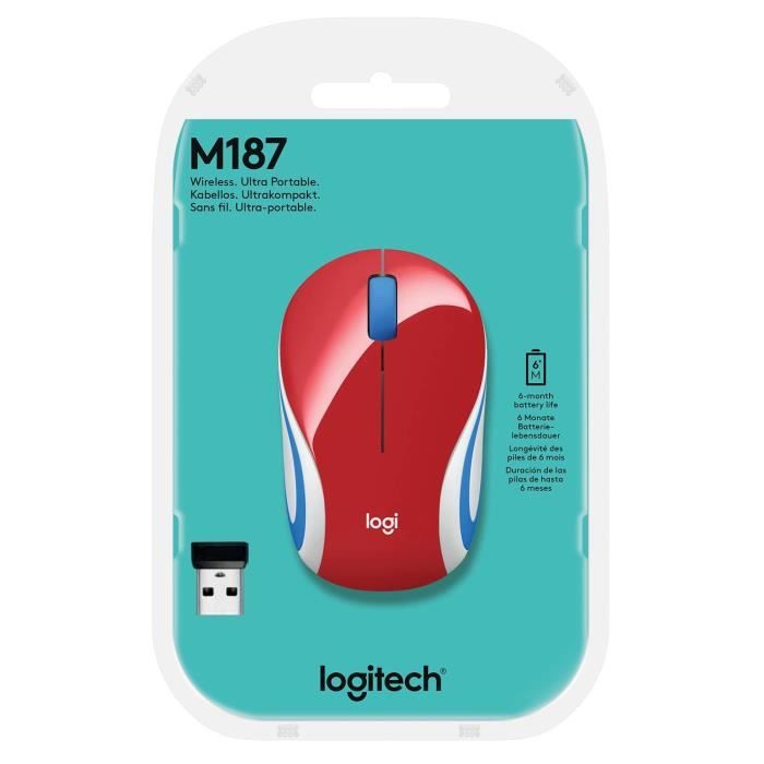 Souris mini - Sans fil - Logitech - M187 - Optique - Rouge