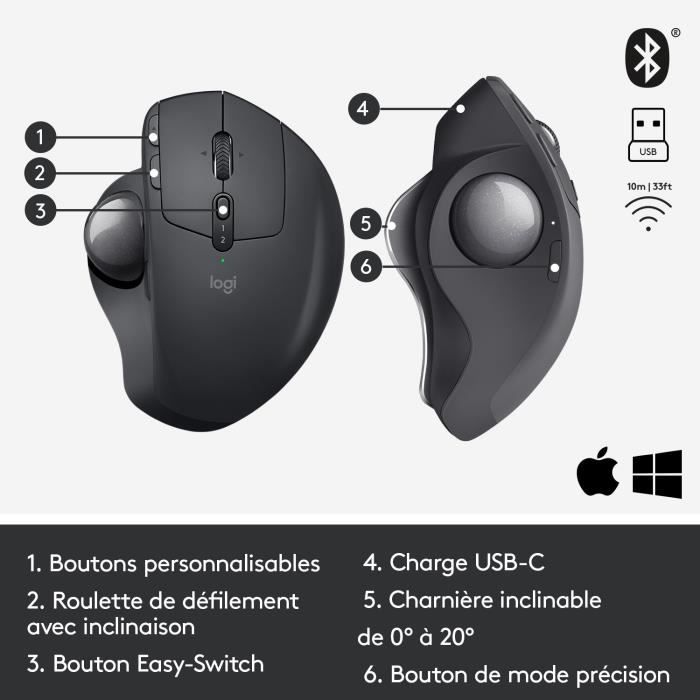 Souris ergonomique - Sans fil - Logitech - MX Ergo - Graphite