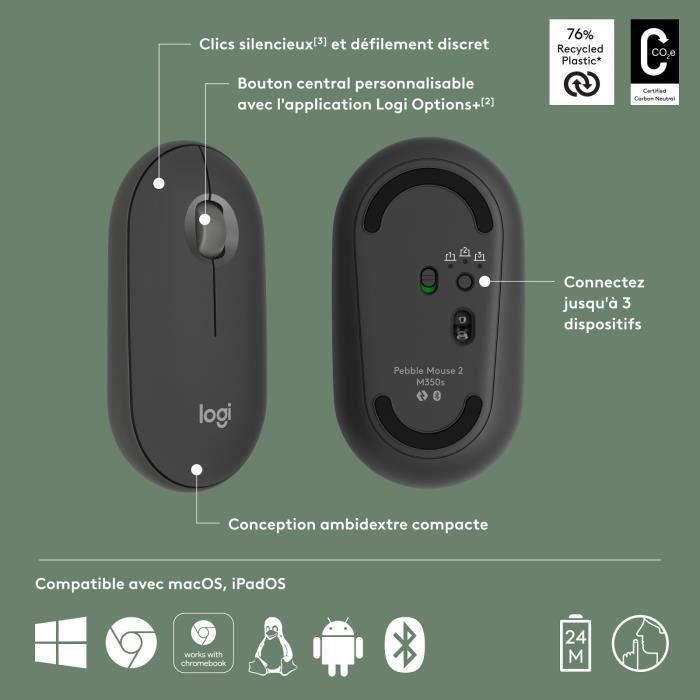 Souris Logitech Pebble Mouse 2 M350s souris fine sans fil Bluetooth, portable, légere - Graphite