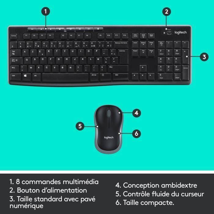 Ensemble clavier et souris Logitech Combo Clavier et Souris Sans Fil MK270 pour Windows