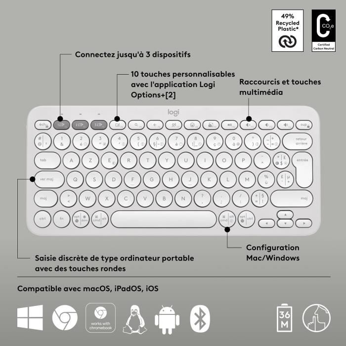 Clavier - Sans fil - Logitech - Pebble Keys 2 K380s - Bouton Easy-switch - Blanc