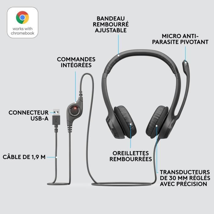 Casque - Filaire - Logitech - H390 - USB - Anti-parasite