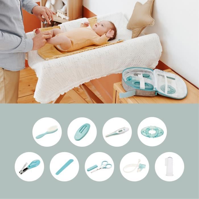 Babymoov Trousse de soin pour bébé, 9 Accessoires, avec Thermometre Digital, Bleue