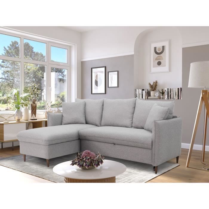 Canapé d'angle convertible réversible 4 places GERAUD - Tissu Gris - Coffre de rangement - L 210 x P 147 x H 90 cm