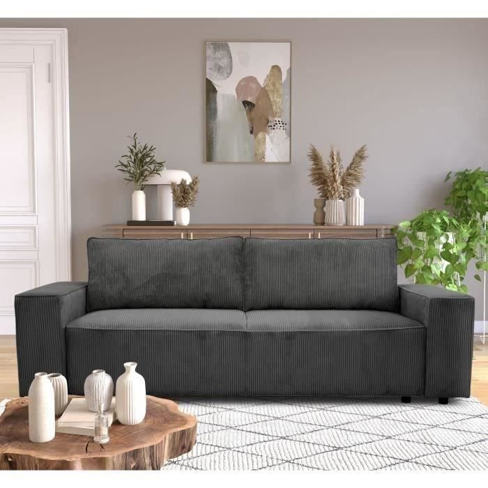 Canapé convertible 3 places JOSH - Velours côtelé Anthracite - Coffre de rangement - L 197 x P 117 x H 65 cm