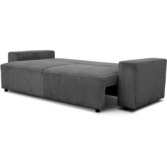 Canapé convertible 3 places JOSH - Velours côtelé Anthracite - Coffre de rangement - L 197 x P 117 x H 65 cm