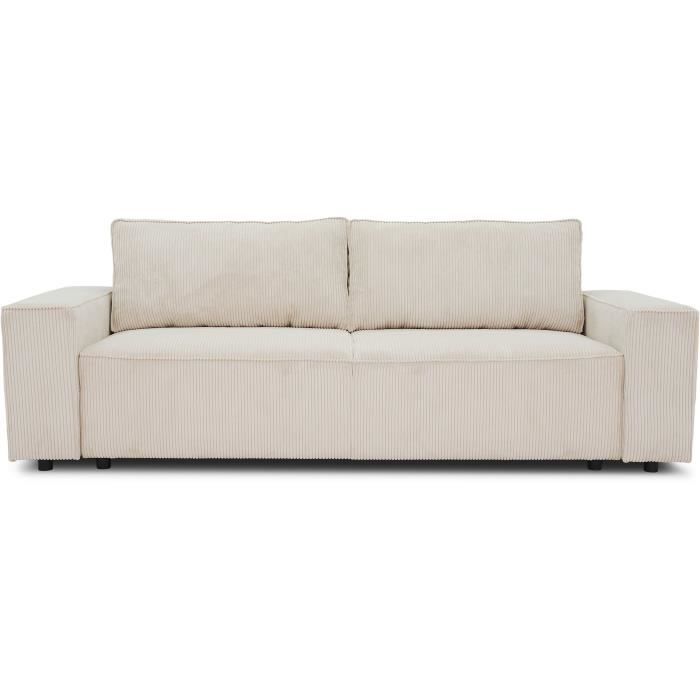 Canapé droit convertible 3 places JOSH - velours côtelé beige - Coffre de rangement - L239xP86xH85cm