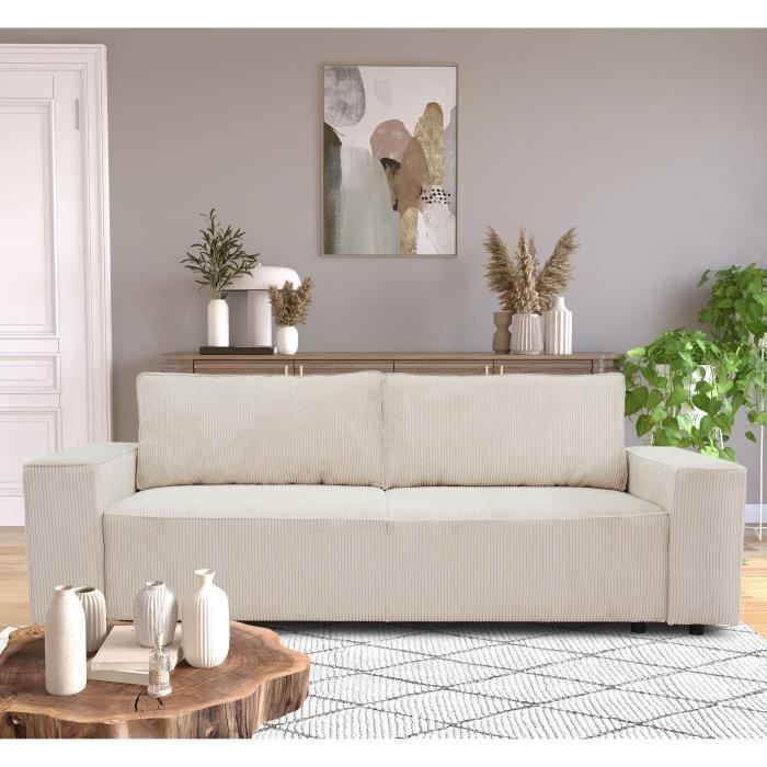 Canapé droit convertible 3 places JOSH - velours côtelé beige - Coffre de rangement - L239xP86xH85cm