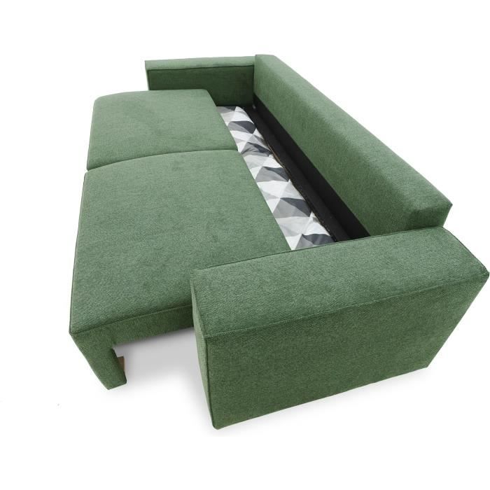 Canapé convertible 3 places JOSH - Tissu Loft Olive - Coffre de rangement - L 239 x P 117 x H 65 cm