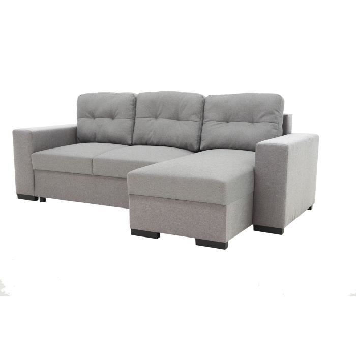 Canapé d'angle convertible réversible 3 places  JAMES -  L 245 x H 91 x P 139 cm - Coffre et 2 poufs Gris