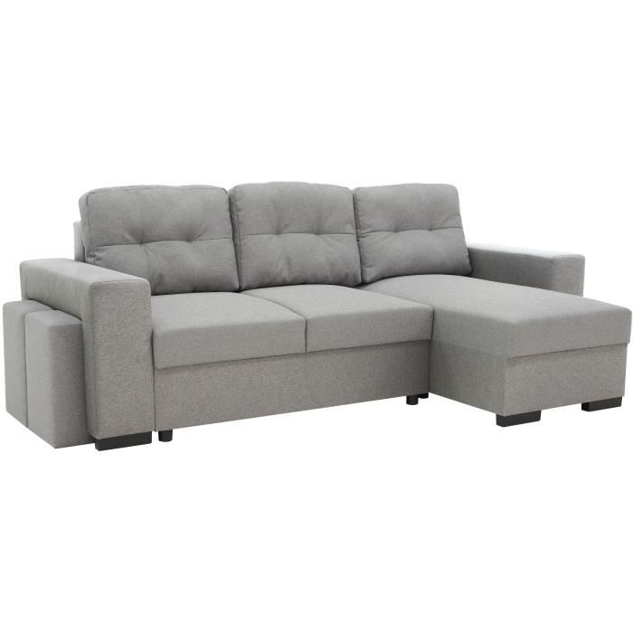 Canapé d'angle convertible réversible 3 places  JAMES -  L 245 x H 91 x P 139 cm - Coffre et 2 poufs Gris