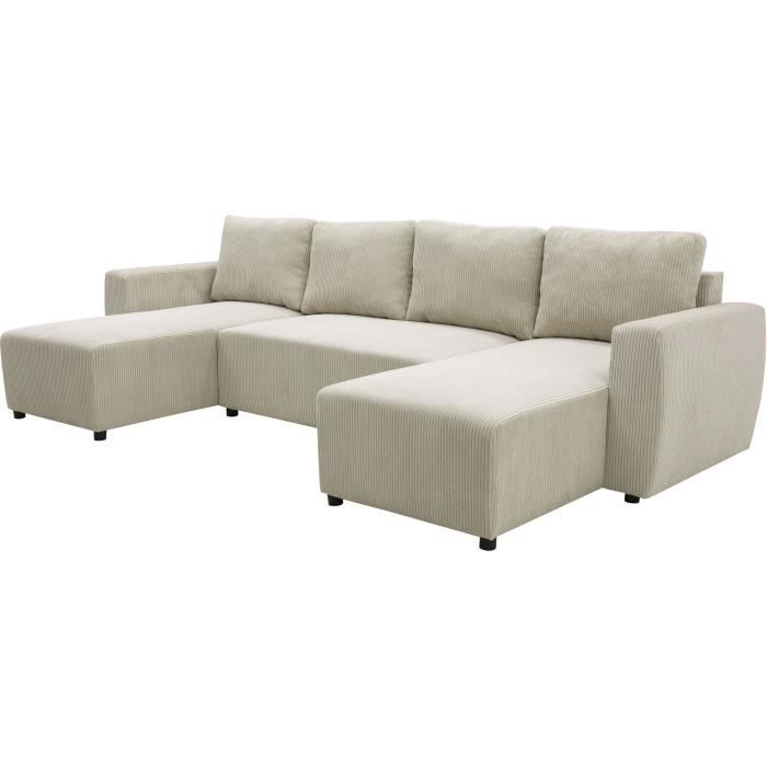 Canapé d'angle convertible panoramique PHARELL 7 places - Velours côtelé beige - Coffre de rangement - L297 x P155 x H85