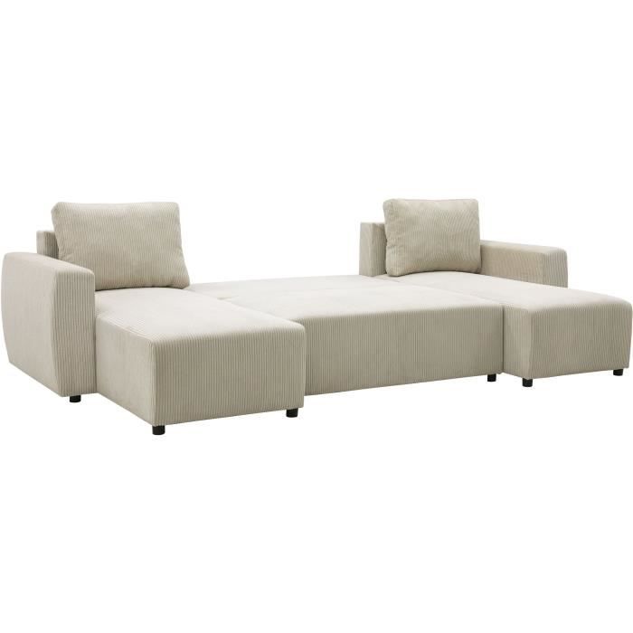 Canapé d'angle convertible panoramique PHARELL 7 places - Velours côtelé beige - Coffre de rangement - L297 x P155 x H85