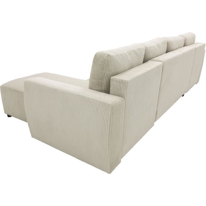 Canapé d'angle convertible panoramique PHARELL 7 places - Velours côtelé beige - Coffre de rangement - L297 x P155 x H85