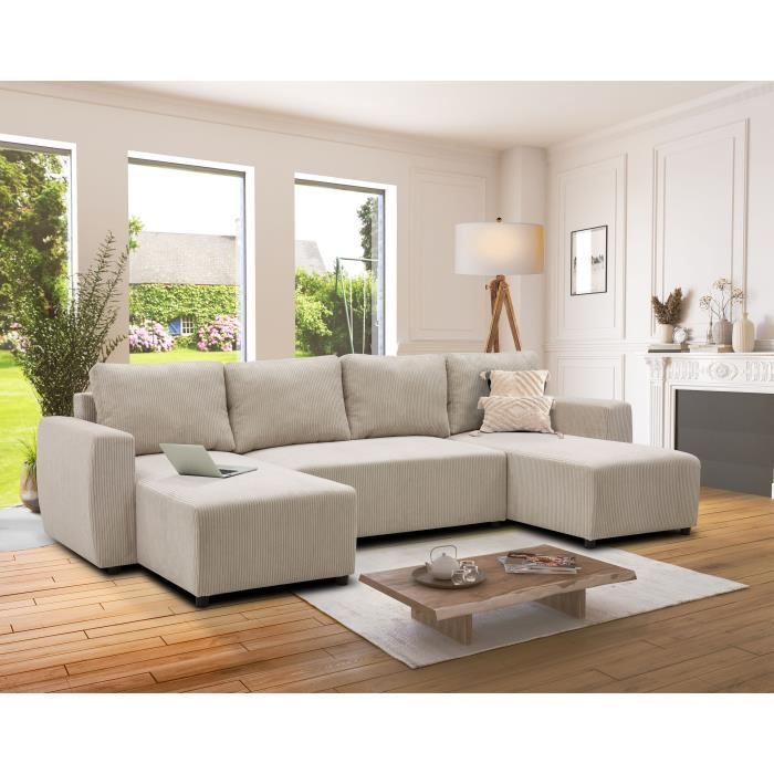 Canapé d'angle convertible panoramique PHARELL 7 places - Velours côtelé beige - Coffre de rangement - L297 x P155 x H85