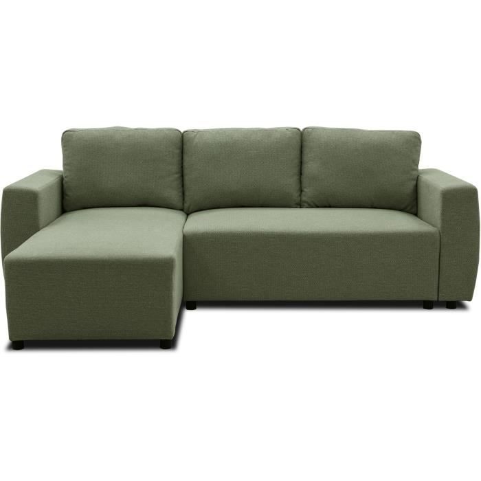 Canapé d'angle convertible réversible 3 a 4 places - PHARELL - Tissu olive - Coffre de rangement - L 224 x P 155 x H 85 cm