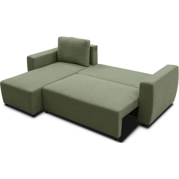 Canapé d'angle convertible réversible 3 a 4 places - PHARELL - Tissu olive - Coffre de rangement - L 224 x P 155 x H 85 cm