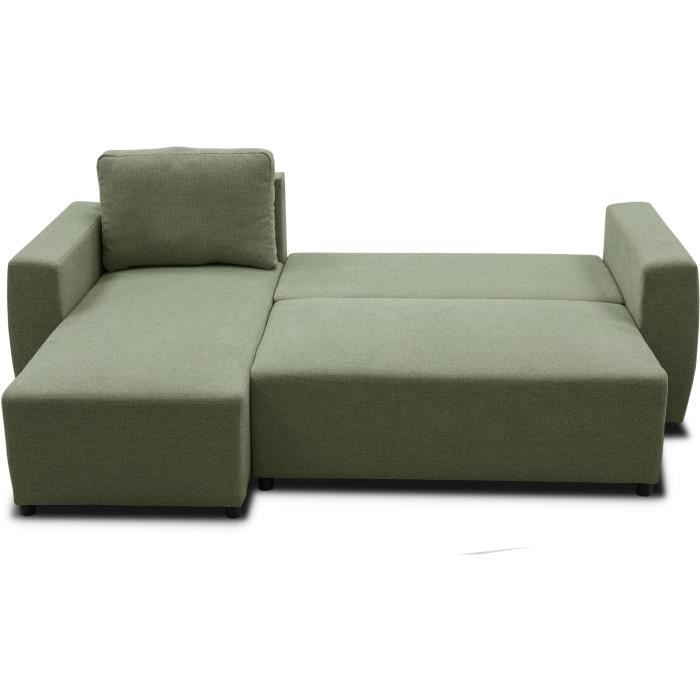 Canapé d'angle convertible réversible 3 a 4 places - PHARELL - Tissu olive - Coffre de rangement - L 224 x P 155 x H 85 cm