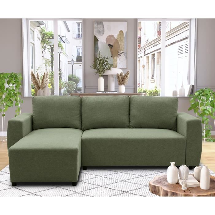 Canapé d'angle convertible réversible 3 a 4 places - PHARELL - Tissu olive - Coffre de rangement - L 224 x P 155 x H 85 cm