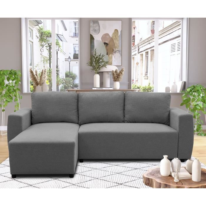 Canapé d'angle convertible réversible 3 a 4 places - PHARELL - Tissu anthracite - Coffre de rangement - L 224 x P 155 x H 85 cm